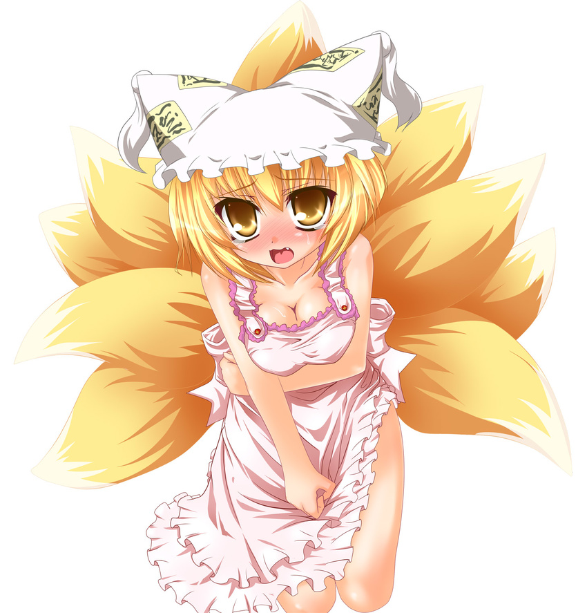 apron blonde_hair blush breast_squeeze breasts cleavage embarrassed fang hat highres kazami_karasu large_breasts multiple_tails naked_apron open_mouth render short_hair solo tail tears touhou yakumo_ran yellow_eyes