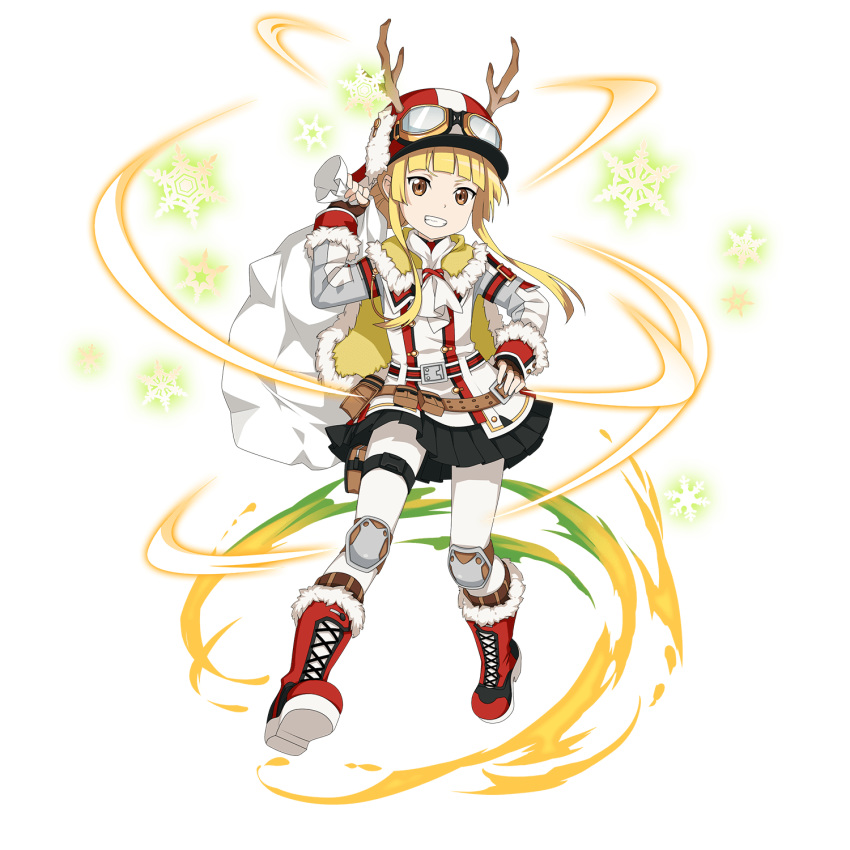 1girl antlers bag bangs black_skirt blonde_hair boots brown_eyes brown_gloves brown_legwear capelet fingerless_gloves floating_hair fukaziroh_(sao) full_body fur-trimmed_boots fur-trimmed_capelet fur_trim gift_bag gloves grin hand_on_hip highres holding holding_bag kneehighs_over_pantyhose looking_at_viewer miniskirt official_art pantyhose pleated_skirt red_footwear reindeer_antlers short_hair_with_long_locks sidelocks skirt smile snowflakes solo standing striped striped_legwear sword_art_online sword_art_online_alternative:_gun_gale_online transparent_background vertical-striped_legwear vertical_stripes white_legwear yellow_capelet