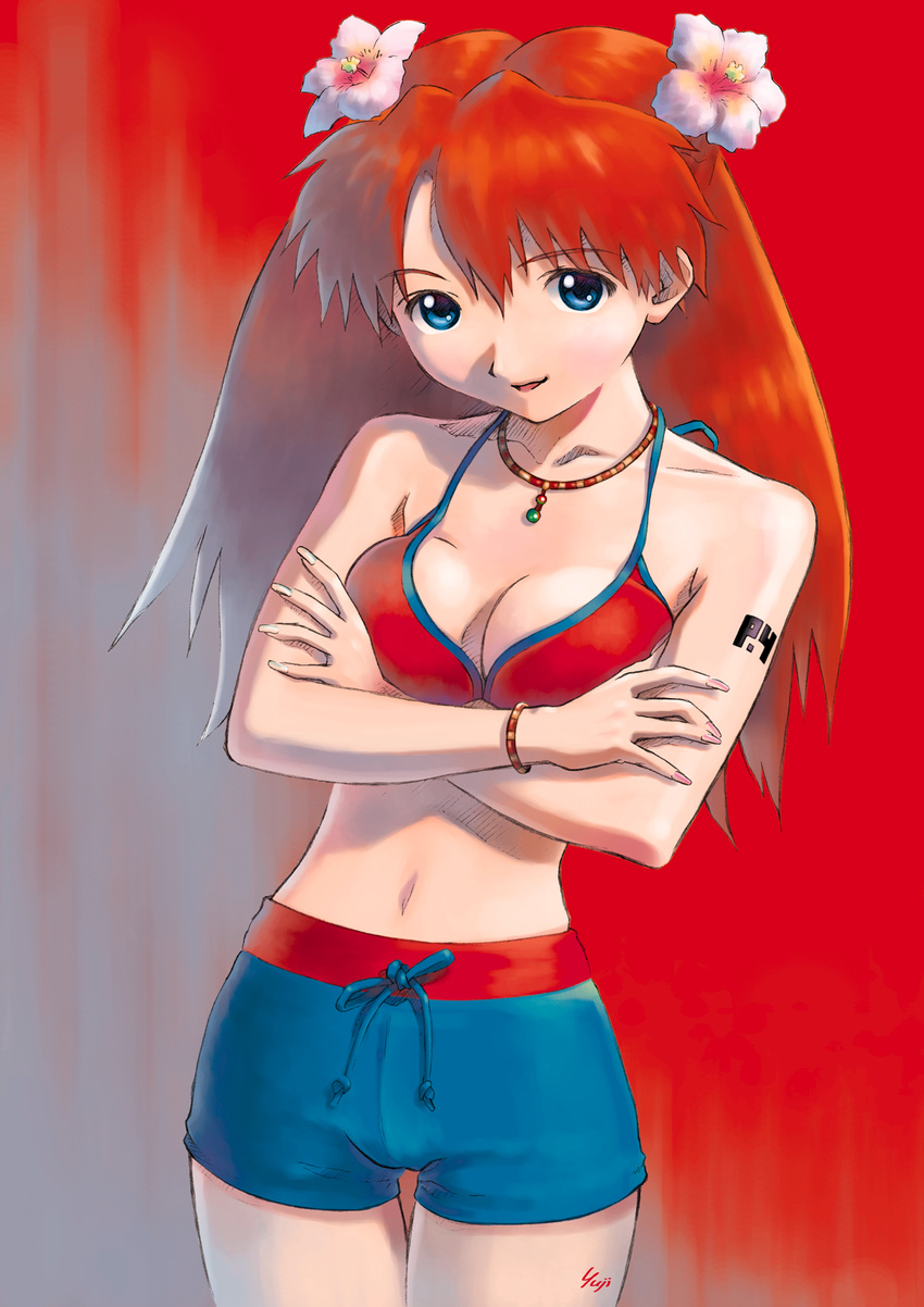 1girl :d bangs bikini bikini_top blue_eyes bracelet breast_press breasts cleavage crossed_arms fingernails flower hair_flower hair_ornament hibiscus highres jewelry kobayashi_yuji long_fingernails long_hair looking_at_viewer nagko navel necklace neon_genesis_evangelion open_mouth parted_bangs red_hair short_shorts shorts signature smile solo soryu_asuka_langley standing swimsuit tattoo thigh_gap thighs twintails