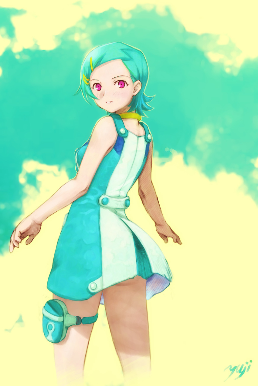 1girl aqua_hair ass back bangs bare_shoulders blush buttons cloud dress eureka eureka_7 eureka_seven eureka_seven_(series) from_behind hair_ornament hairclip highres jewelry kobayashi_yuji kobayashi_yuuji looking_at_viewer looking_back nagko necklace outdoors pink_eyes pouch short_dress short_hair signature sky sleeveless smile solo standing swept_bangs thigh_strap