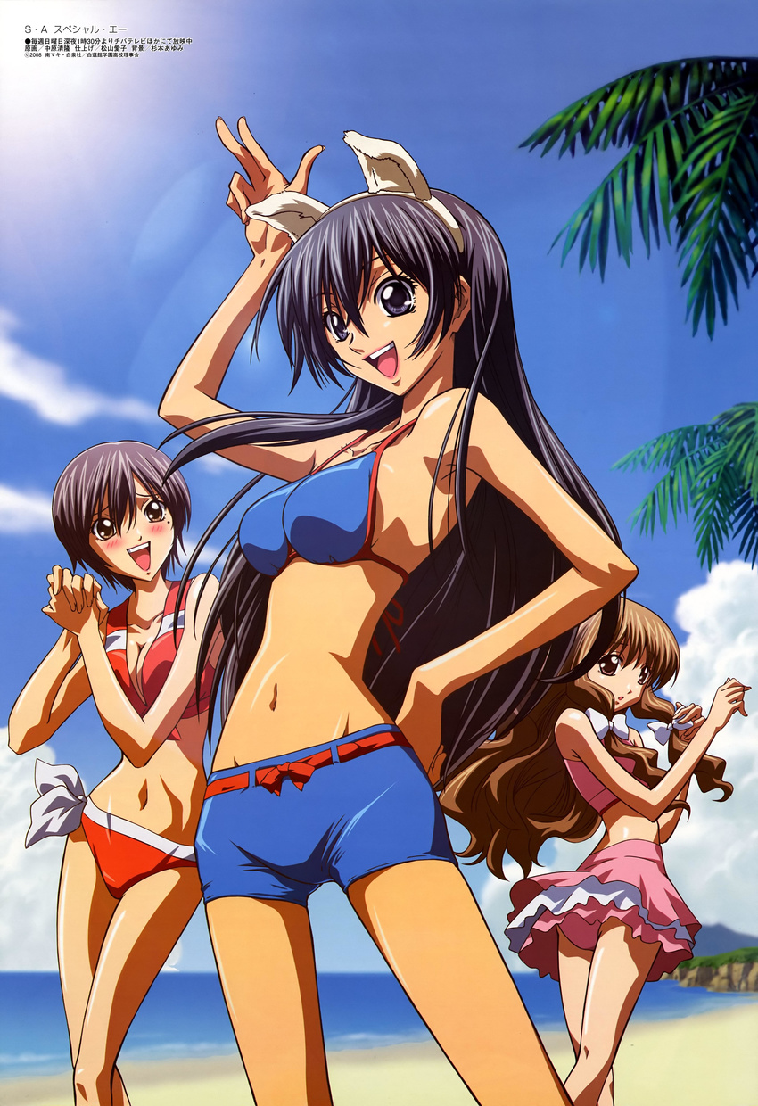 absurdres animal_ears beach belt bikini blush bow breasts brown_eyes brown_hair cleavage day grey_hair hair_bow hairband hanazono_hikari hand_on_hip highres large_breasts long_hair looking_back medium_breasts megami multiple_girls nakahara_kiyotaka navel outdoors pinup purple_eyes purple_hair short_hair shorts skirt special_a swimsuit tankini toudou_akira_(special_a) very_long_hair yamamoto_megumi