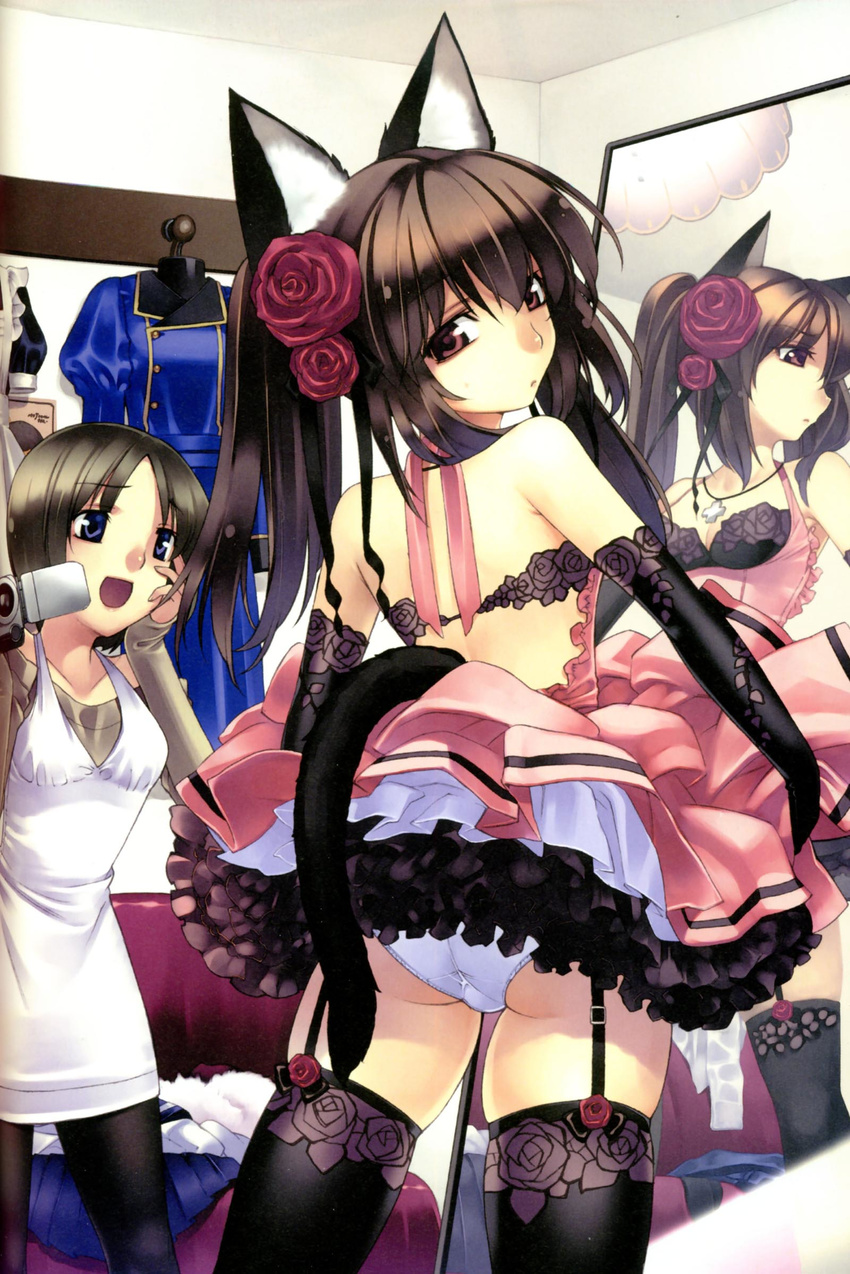:&lt; :d animal_ears ass bare_shoulders black_gloves black_legwear camera cat_ears cat_tail cowboy_shot cross cross_necklace elbow_gloves flower from_behind garter_belt gloves hair_flower hair_ornament hand_on_own_cheek highres hirano_katsuyuki indoors jewelry lace lace-trimmed_gloves lace-trimmed_thighhighs long_hair looking_at_another looking_at_viewer looking_back mirror multiple_girls necklace non-web_source open_mouth original panties pantyhose petticoat red_flower red_rose reflection rose short_hair skirt skirt_lift smile source_request standing tail thighhighs trefoil twintails underbust underwear white_panties