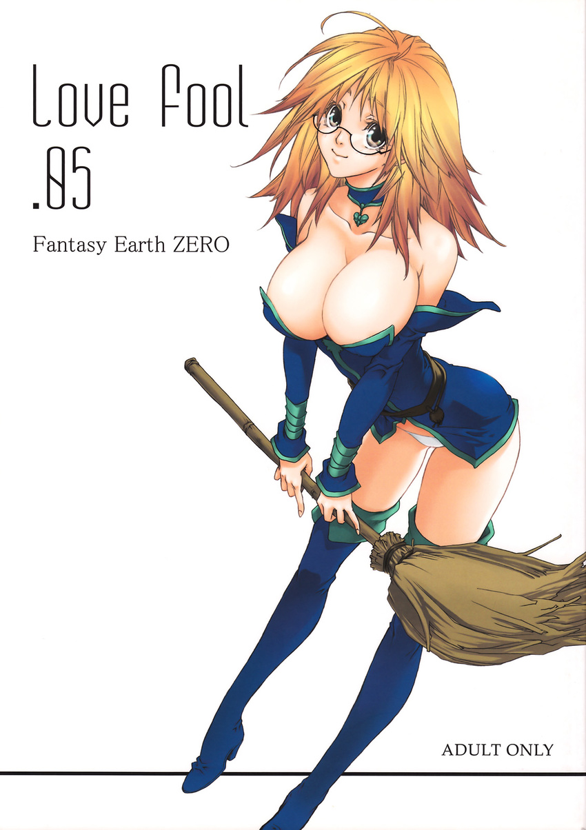 blonde_hair boots breasts broom choker cleavage fantasy_earth_zero glasses high_heels highres huge_breasts panties shoes solo tachibana_chata thighhighs underwear witch