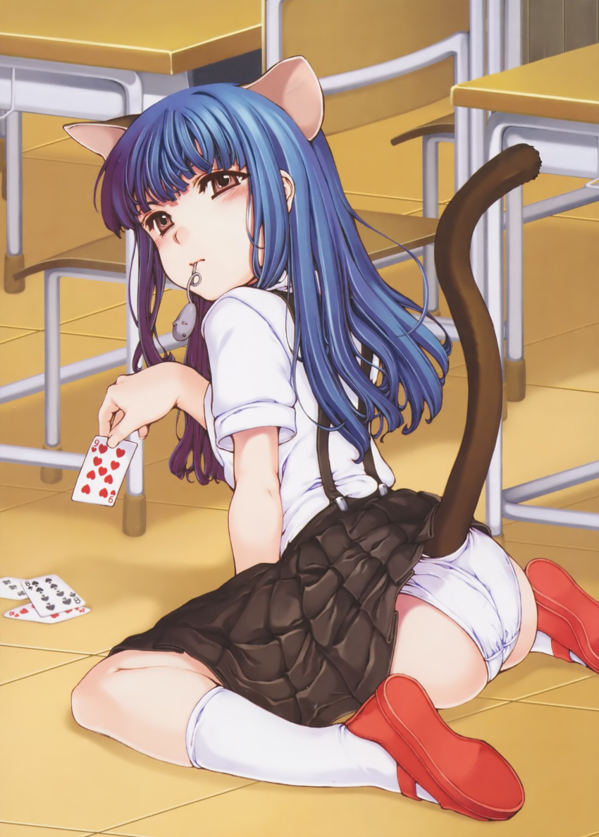 animal_ears arm_support artist_request ass bangs blue_hair blunt_bangs brown_eyes card cat_ears chair classroom desk furude_rika highres higurashi_no_naku_koro_ni holding holding_card indoors kemonomimi_mode kneeling knees long_hair looking_away lying_card mary_janes mouse mouth_hold on_floor panties red_footwear school_desk school_uniform shoes short_sleeves sitting skirt skirt_lift socks solo source_request suspenders tail underwear wariza white_legwear