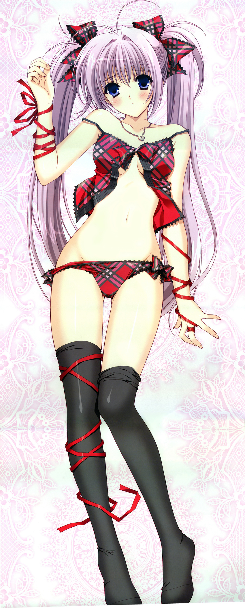 absurdres babydoll blue_eyes dakimakura highres huge_filesize jewelry lingerie locket original panties pendant plaid purple_hair side-tie_panties solo suzuhira_hiro thighhighs twintails underwear