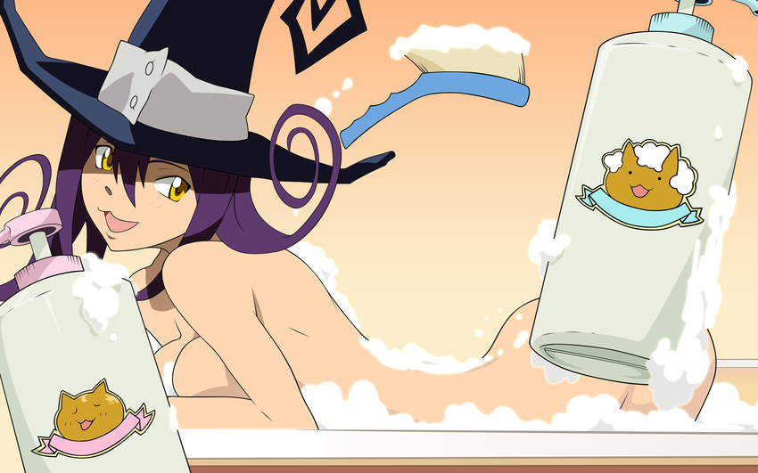 :3 artist_request back_scrubber bath bathtub blair breasts bubble_bath hat highres medium_breasts nude purple_hair soap solo soul_eater wallpaper witch witch_hat yellow_eyes
