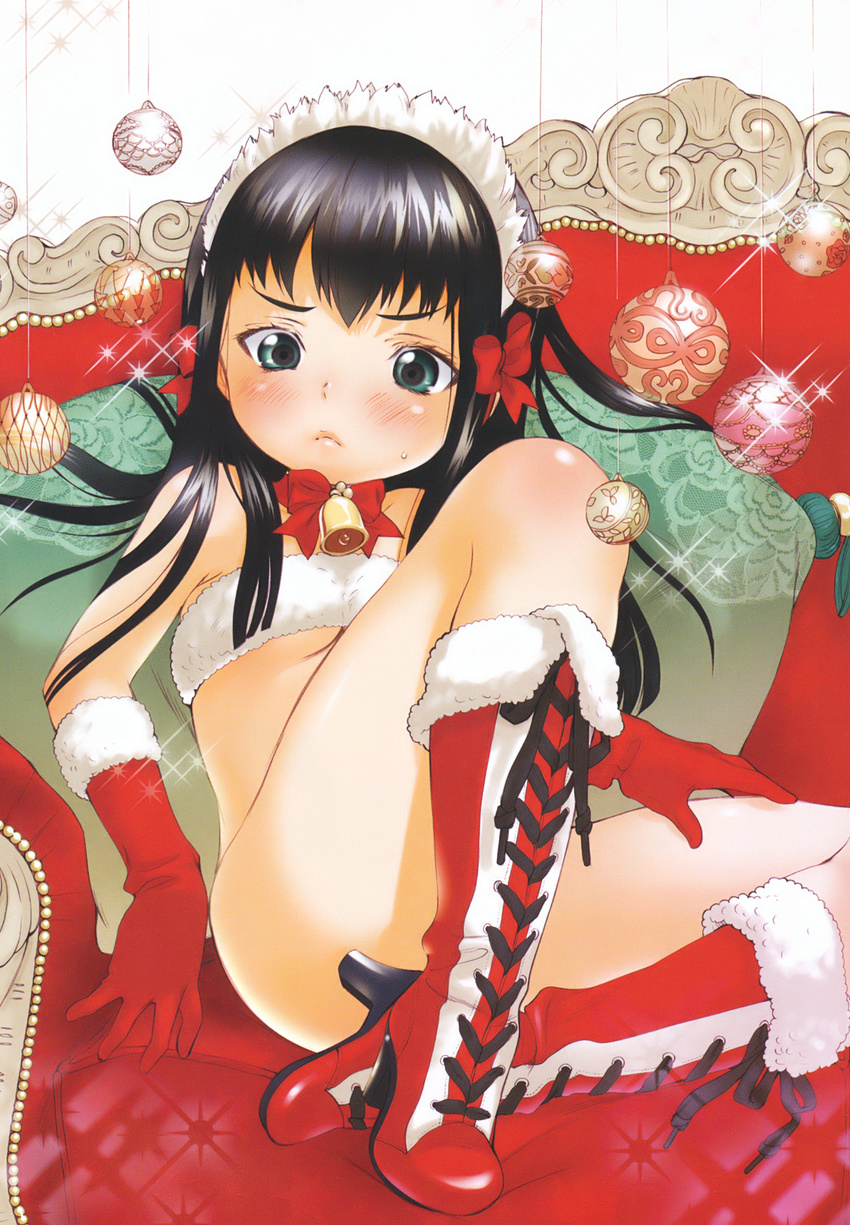 bandeau bell bell_collar black_hair blush boots christmas collar copyright_request couch flat_chest gloves green_eyes hair_ornament hair_ribbon hairband highres inuburo long_hair lying no_panties red_gloves ribbon santa_costume solo strapless tubetop