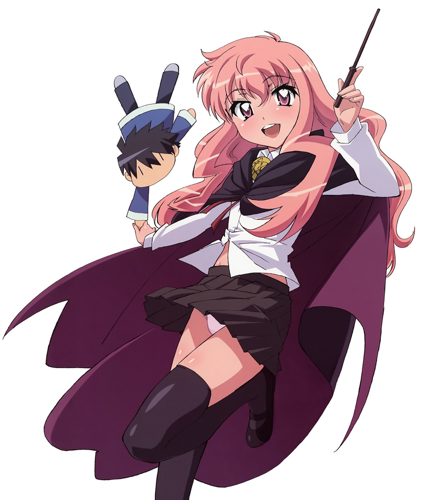 1boy 1girl :d absurdres artist_request black_legwear black_thighhighs blouse brooch cape happy highres hiraga_saito jewelry long_hair louise_francoise_le_blanc_de_la_valliere mary_janes official_art open_mouth panties pantyshot pink_eyes pink_hair shoes simple_background skirt smile thighhighs underwear upskirt usatsuka_eiji wand white_panties zero_no_tsukaima