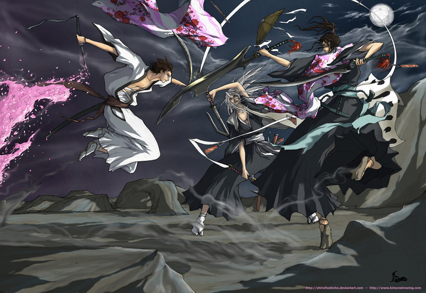 aizen_sousuke alternate_weapon antoine_retaureau battle bleach cherry_blossoms commentary haori japanese_clothes katen_kyoukotsu_(shikai) kyouraku_shunsui male_focus moon multiple_boys night senbonzakura_(shikai) shikai sougyo_no_kotowari_(shikai) sword taichou_haori ukitake_juushirou weapon zanpakutou