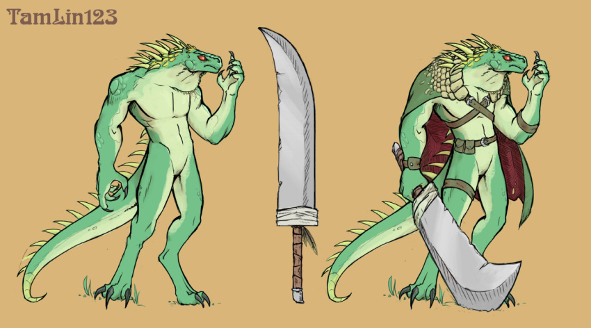 anthro back_spines baldric barefoot belt belt_pouch broadsword claws cloak clothed clothing dungeons_&amp;_dragons green_scales holding_object holding_weapon lizard lizardfolk male melee_weapon mostly_nude multiple_versions nude off/on red_eyes reptile scales scalie seian solo spines standing sword tamlin123 toe_claws weapon