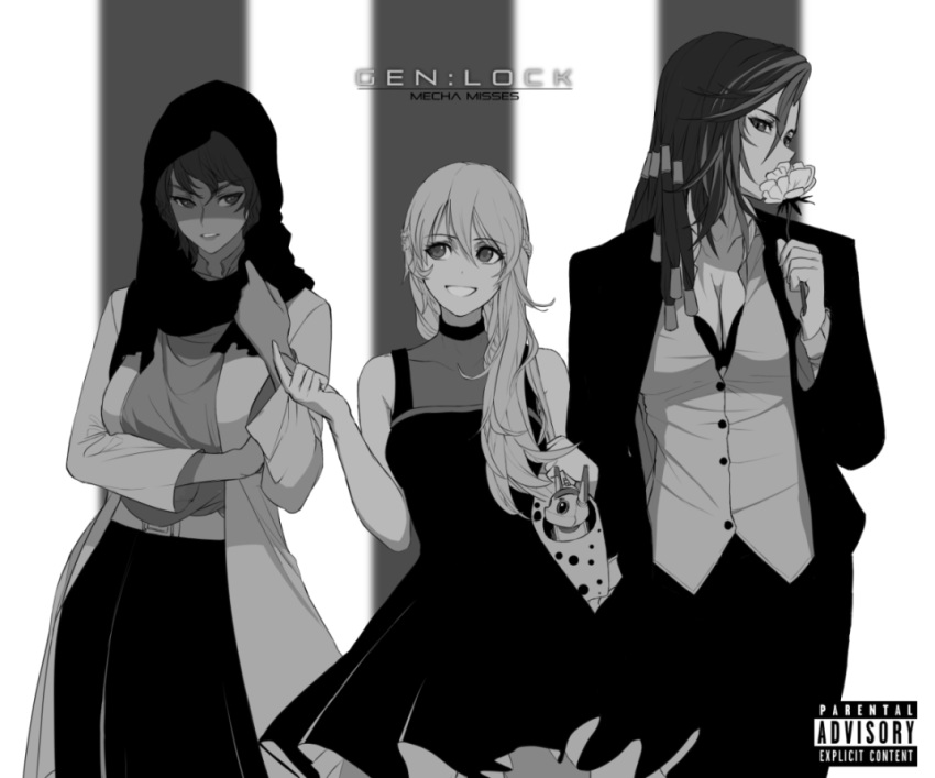 3girls album_cover alternate_costume alternate_hairstyle bag black_dress bra breasts cameron_maccloud cleavage cover dishwasher1910 dress flower formal gen_lock hairlocs handbag hijab jacket medium_breasts multiple_girls parental_advisory parody rose suit underwear valentina_romanyszyn yasamin_madrani