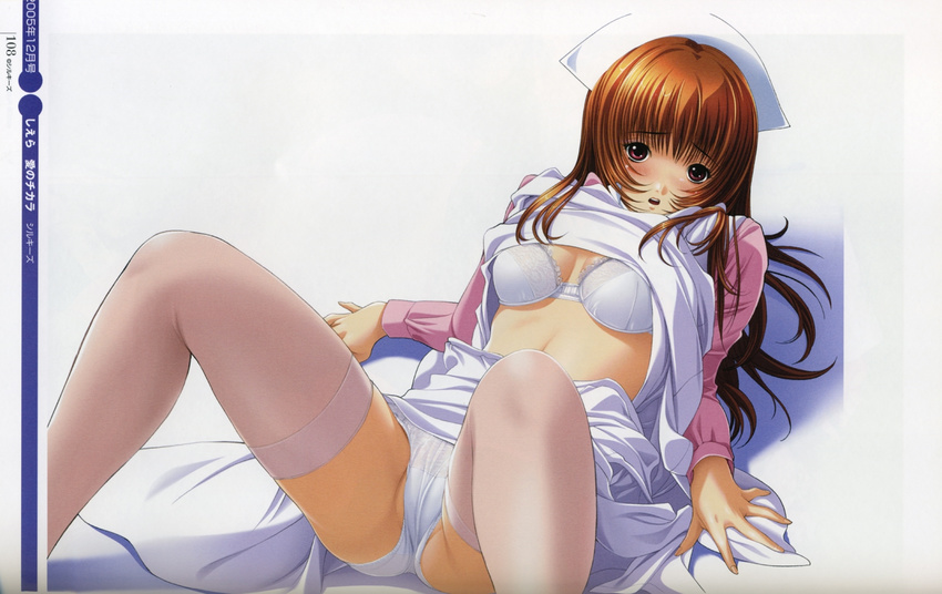 :o ai_no_chikara bangs blush bra breasts brown_hair cameltoe cleavage embarrassed hat lace lace_bra lace_panties lingerie long_hair looking_at_viewer lying medium_breasts midriff nurse nurse_cap official_art open_clothes open_shirt panties pantyshot pantyshot_(lying) reclining red_eyes scan shadow shiera shirt shirt_lift simple_background skirt skirt_lift solo spread_legs surprised takanashi_karen thighhighs underwear white_bra white_legwear white_panties