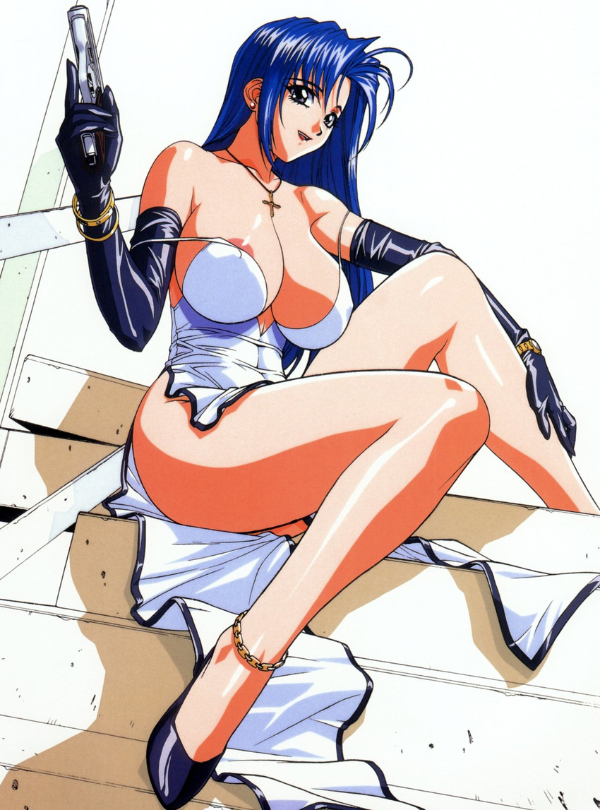 anklet areola_slip areolae blue_hair bracelet breasts cleavage copyright_request dress earrings elbow_gloves gloves gun handgun high_heels highres huge_breasts inoue_takuya jewelry legs long_hair long_legs pistol shoes side_slit sitting solo thighs weapon
