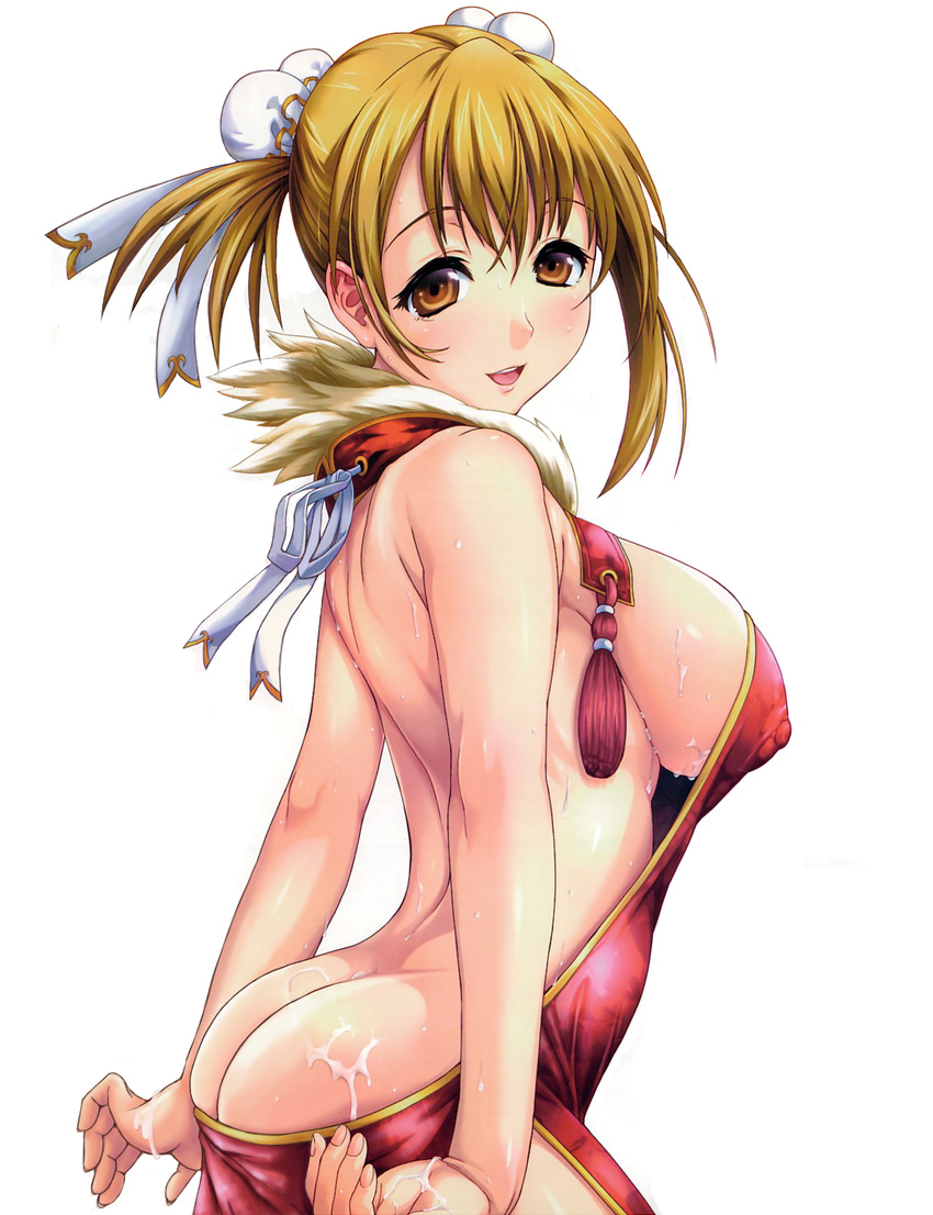 ass breasts brown_eyes brown_hair bun_cover copyright_request covered_nipples cum cum_on_ass double_bun highres large_breasts open_mouth shino_(comic_penguin_club) sideboob simple_background smile solo