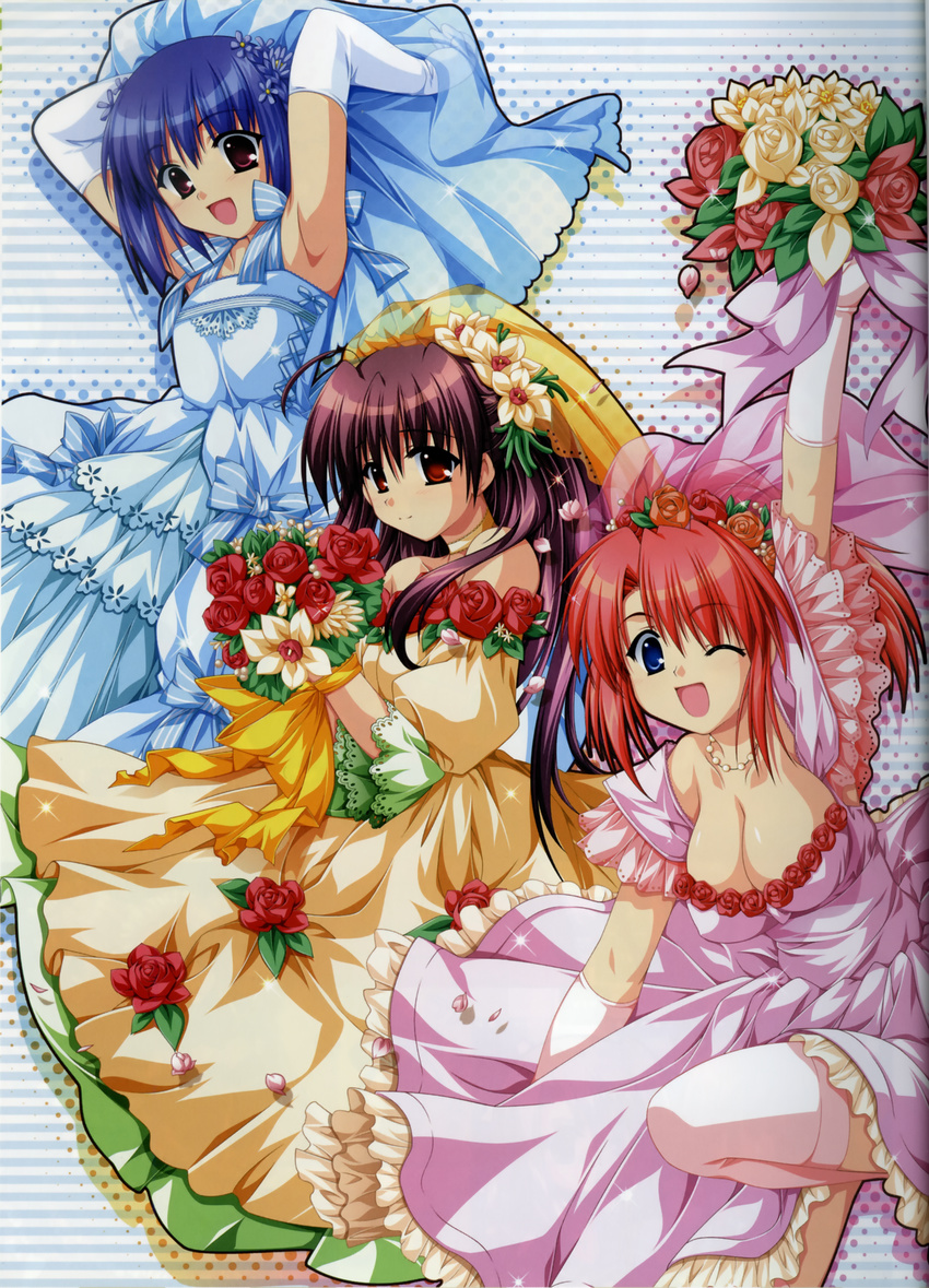 :d ;d absurdres ahoge alpha_(yukai_na_nakamatachi) arm_up armpits arms_up binding_discoloration blue_dress blue_eyes blue_hair blue_wedding_dress bouquet braid breasts brown_eyes brown_hair cleavage dress elbow_gloves flower gloves hair_flower hair_ornament highres hinata_natsumi_(sharin_no_kuni) large_breasts leg_up long_hair mitsuhiro_sachi multiple_girls one_eye_closed oone_touka open_mouth petals pink_dress pink_wedding_dress puffy_sleeves red_hair sharin_no_kuni_himawari_no_shoujo short_hair smile thighhighs veil wedding_dress white_gloves white_legwear yellow_dress yellow_wedding_dress