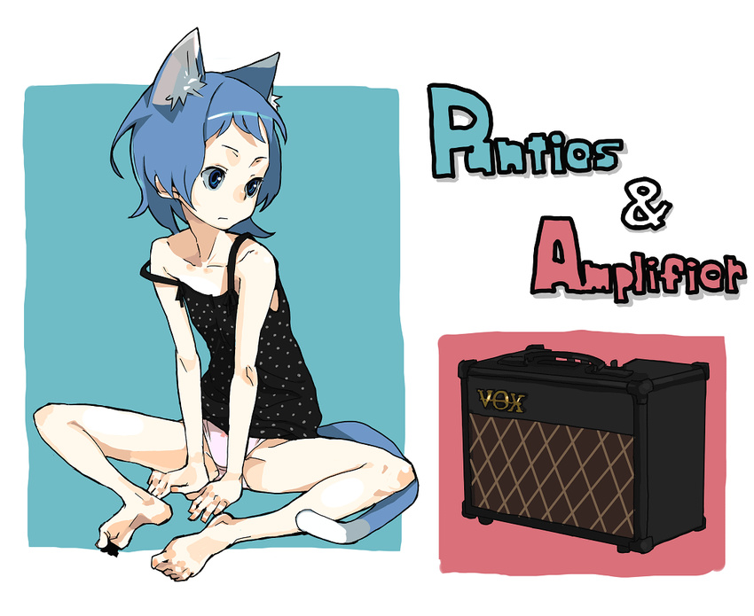 amplifier animal_ears barefoot blue_eyes blue_hair camisole cat_ears cat_tail copyright_request feet flat_chest panties shimura_nobuo sitting solo spread_legs tail underwear