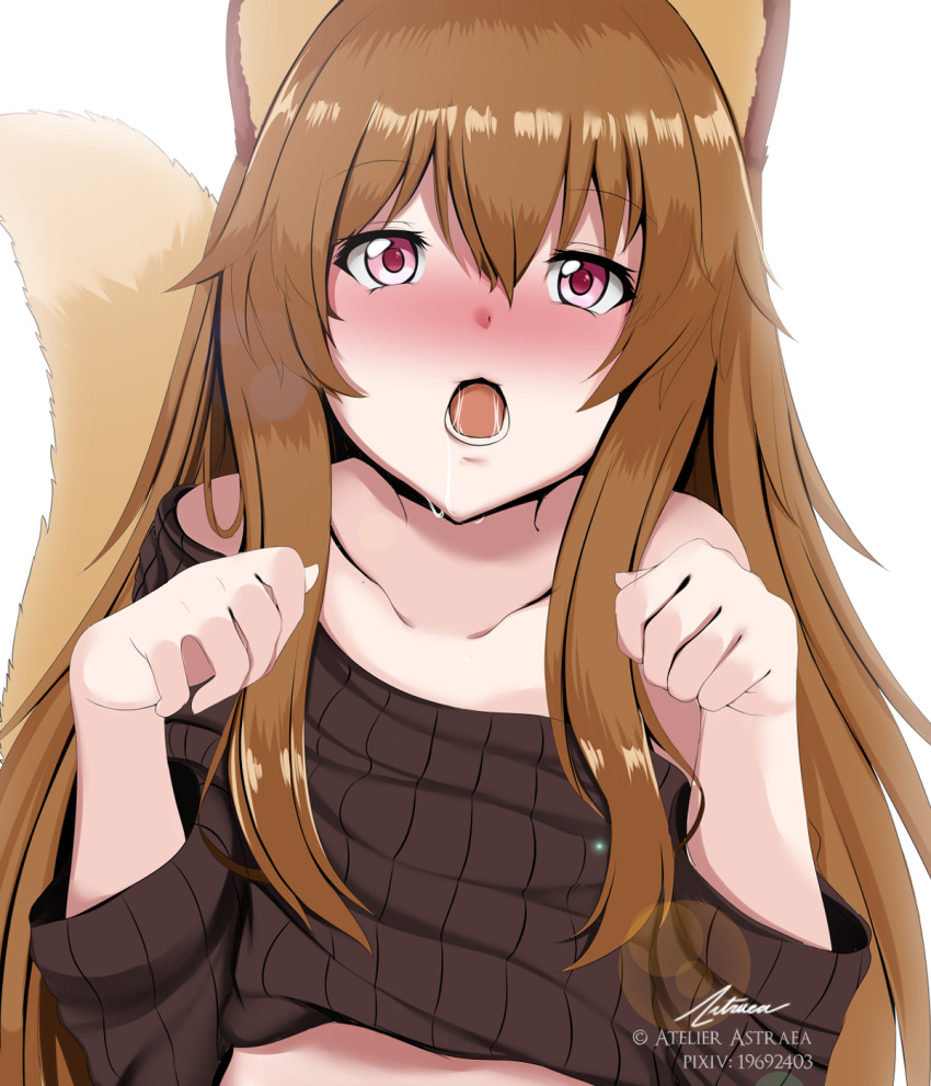 1girl animal_ears astraea_(atelierastraea) bare_shoulders blush brown_hair brown_sweater collarbone commentary_request eyebrows_visible_through_hair hair_between_eyes highres long_hair off_shoulder open_mouth paw_pose raphtalia saliva sweater tate_no_yuusha_no_nariagari