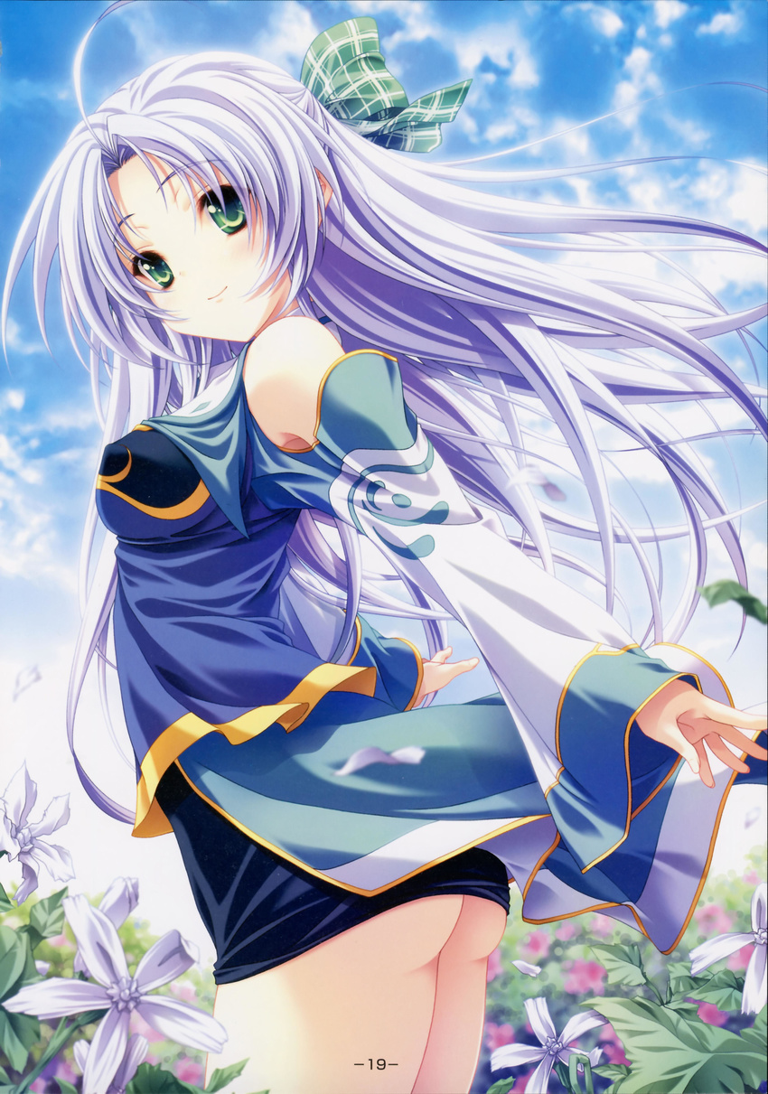 absurdres alicia_infans ass blue_hair cloud day flower green_eyes highres long_hair magus_tale miyama-zero purple_hair ribbon sky smile solo