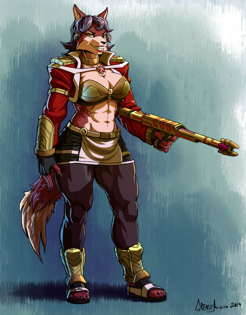 abs absurd_res anthro breasts canid canine carmelita_fox clothed clothing collar female fox greasymojo hi_res looking_at_viewer mammal muscular muscular_female skimpy sly_cooper_(series) smile solo standing thick_thighs video_games