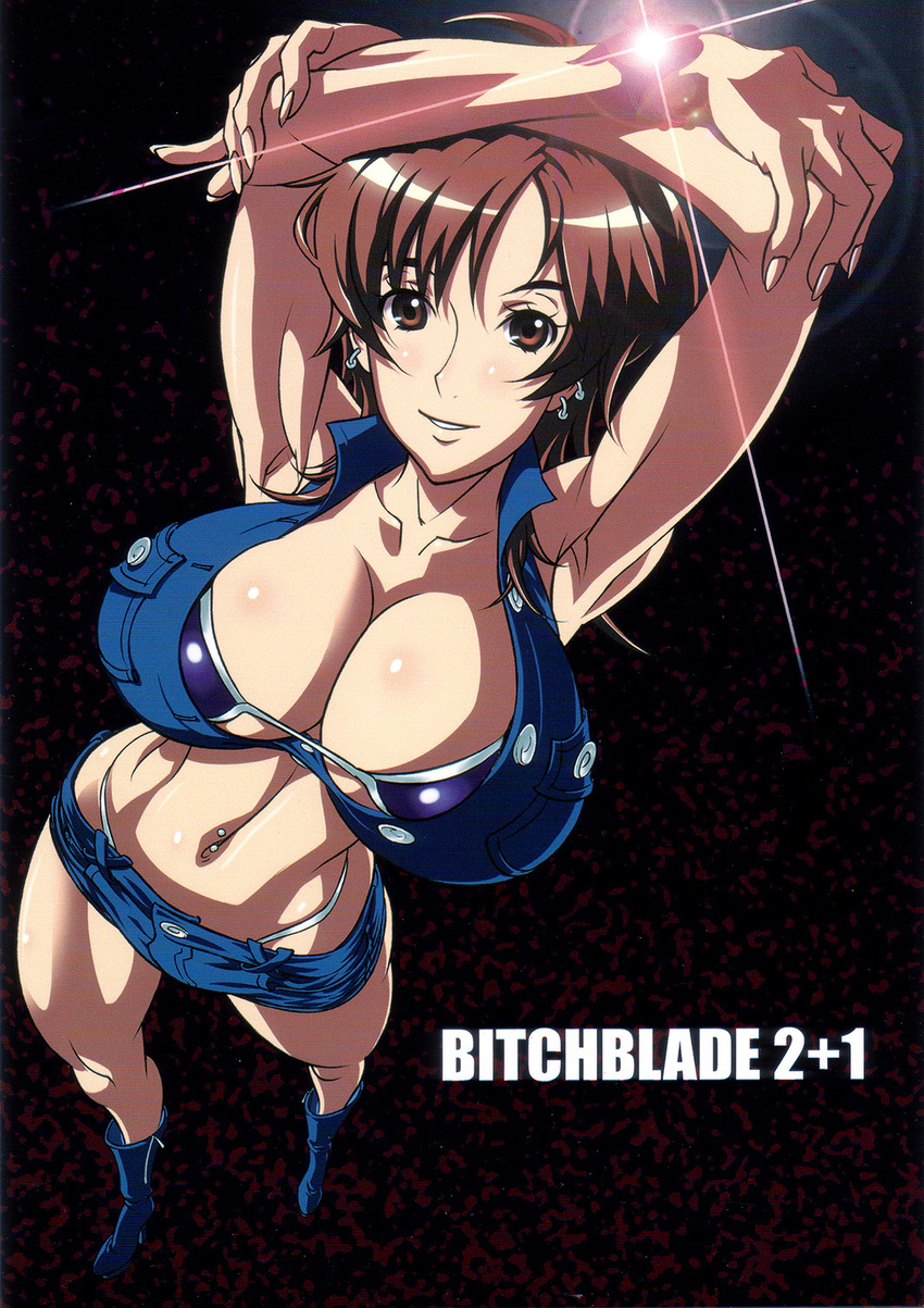 amaha_masane armpits arms_up barbell_piercing bikini bikini_top breasts brown_eyes brown_hair cleavage crop_top curvy ear_piercing earrings highres huge_breasts jewelry mature navel navel_piercing piercing shiny short_hair short_shorts shorts smile solo sparkle suna swimsuit witchblade