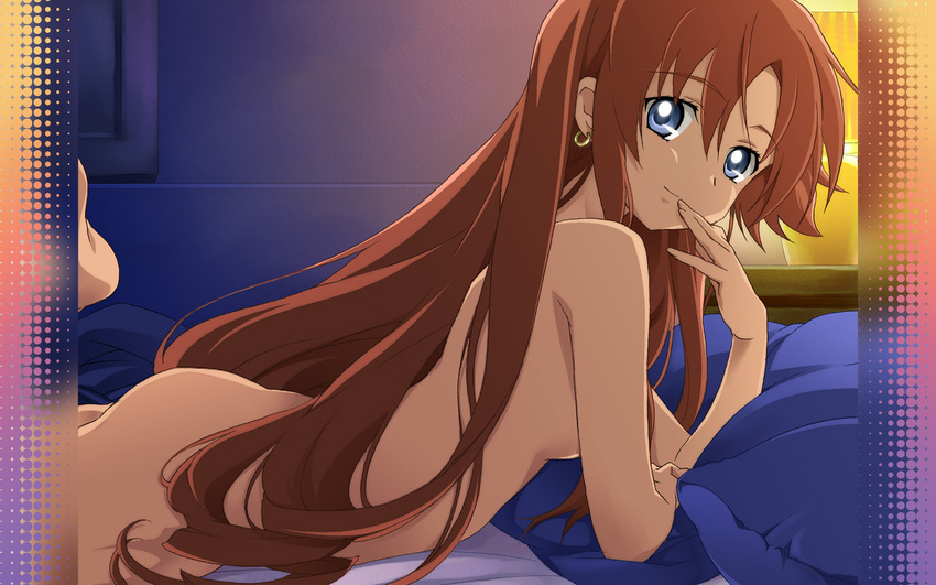 1920x1200 bed blue_eyes brown_hair earrings el_cazador_de_la_bruja highres jewelry long_hair nadie nude smile wallpaper