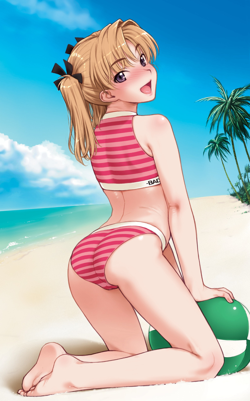 absurdres arched_back arm_support ass back ball bangs barefoot beach beachball bikini blush clothes_writing cloud day feet full_body hair_intakes hair_ribbon happy head_tilt highres kiriyama_taichi kneeling light_brown_hair long_hair looking_at_viewer looking_back nose_blush ocean outdoors palm_tree parted_bangs pink_bikini purple_eyes ribbon sand sky soles solo sports_bikini striped striped_bikini sweet_home swimsuit tankini tomosato_risa tree twintails water