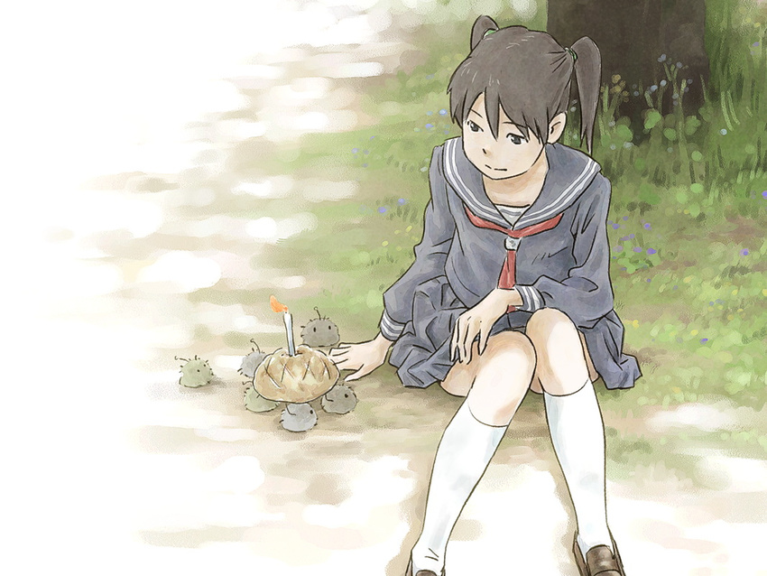 amasawa_yuuko black_serafuku black_skirt brown_eyes brown_hair cake candle carrying closed_mouth creature day dennou_coil fire food grass hair_tie kneehighs knees_together_feet_apart knees_up loafers long_sleeves looking_down neckerchief on_ground outdoors red_neckwear school_uniform serafuku shoes skirt smile solo tnt_(aaaazzzz) tree two_side_up under_tree white_legwear