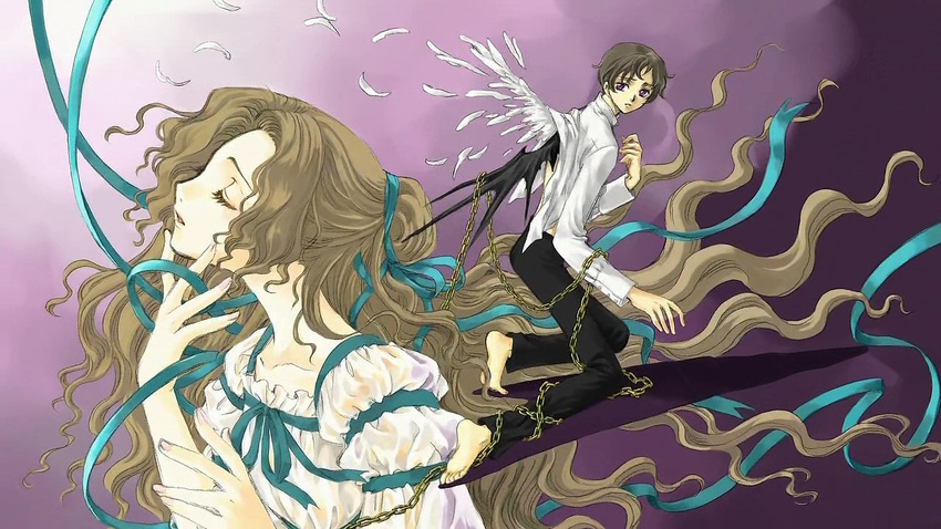 1girl brown_hair chain closed_eyes code_geass long_hair nunnally_lamperouge ribbon rolo_lamperouge screencap wings