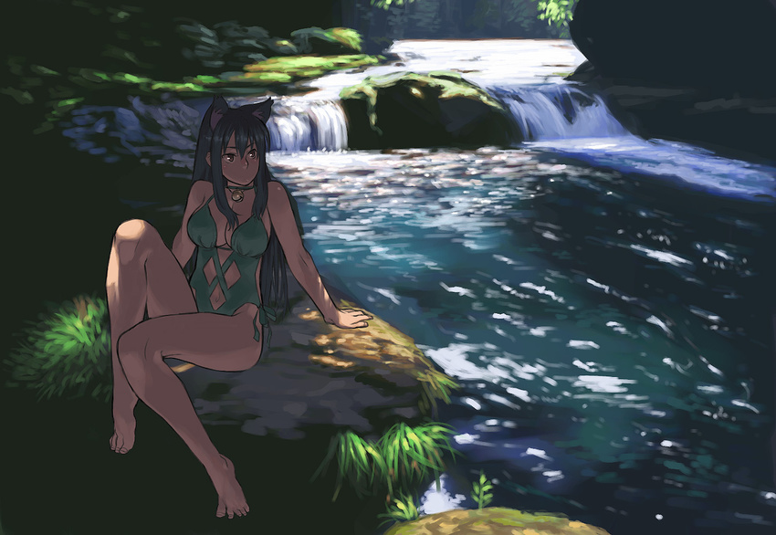 animal_ears azusa_(hws) barefoot bell bell_collar black_hair bow breasts brown_eyes casual_one-piece_swimsuit cat_ears cleavage collar feet landscape large_breasts leg_up legs long_hair long_legs nature one-piece_swimsuit original outdoors river scenery shade sidelocks sitting solo stream swimsuit thighs water waterfall