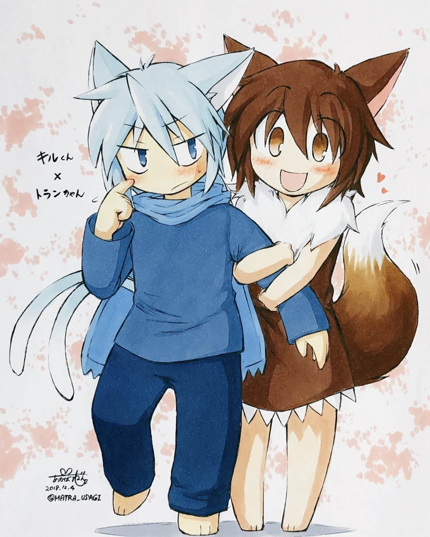 akabane_jin alternate_species animal_humanoid blue_eyes brown_eyes brown_fur brown_hair clothing dipstick_tail duo eevee eeveelution espeon female fur grey_hair hair hi_res humanoid humanoidized japanese_text male mammal multicolored_tail nintendo pok&eacute;mon pok&eacute;mon_(species) scarf signature simple_background text tuft video_games white_background