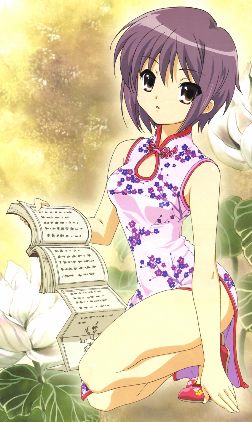 bangs bare_shoulders brown_eyes china_dress chinese_clothes dress highres ikeda_shouko nagato_yuki purple_hair short_hair solo suzumiya_haruhi_no_yuuutsu