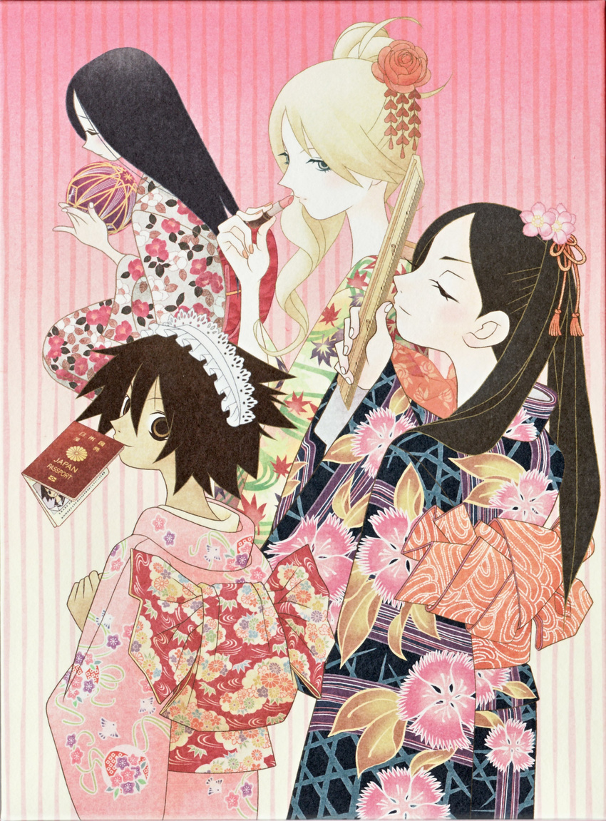 absurdres artist_request highres japanese_clothes kimono kimura_kaere kitsu_chiri komori_kiri multiple_girls sayonara_zetsubou_sensei scan sekiutsu_maria_tarou