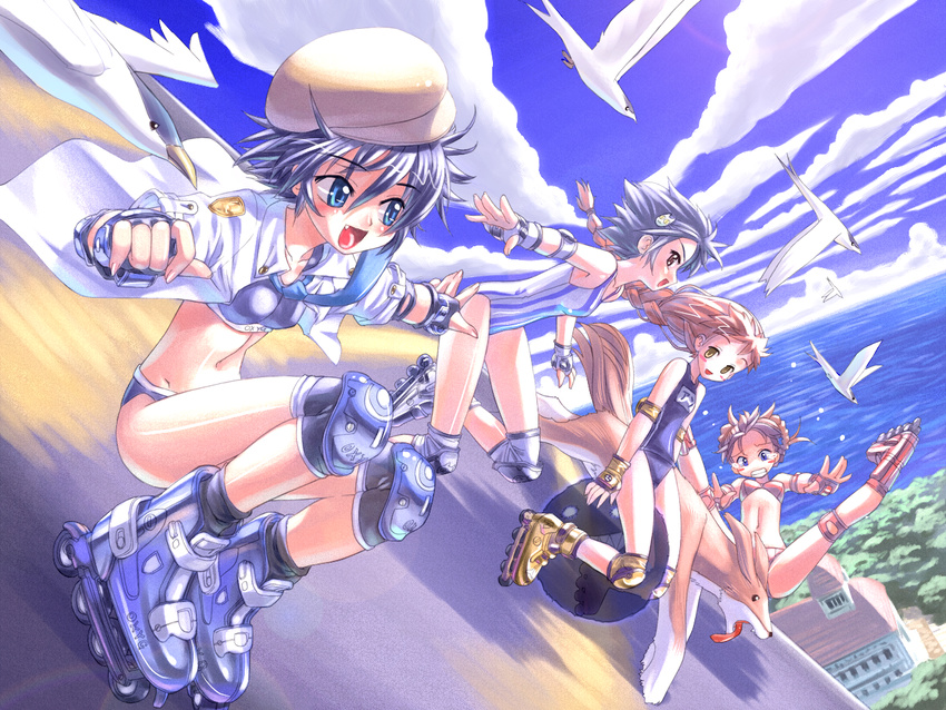 bikini bikini_under_clothes bird blue_eyes blue_hair blush braid brown_eyes brown_hair cabbie_hat clenched_teeth cloud copyright_request day dog dutch_angle elbow_pads fang fingerless_gloves flat_chest gloves glowing hair_ornament happy hat inline_skates knee_pads koume_keito long_hair multiple_girls necktie one-piece_swimsuit open_clothes open_shirt outdoors outstretched_arms purple_hair roller_skates school_swimsuit shirt short_hair single_braid sitting skates sky smile spiked_hair spread_arms spread_legs squatting straddling striped striped_swimsuit sweatdrop swimsuit swimsuit_under_clothes teeth tongue vertical-striped_swimsuit vertical_stripes wallpaper water wind yellow_eyes