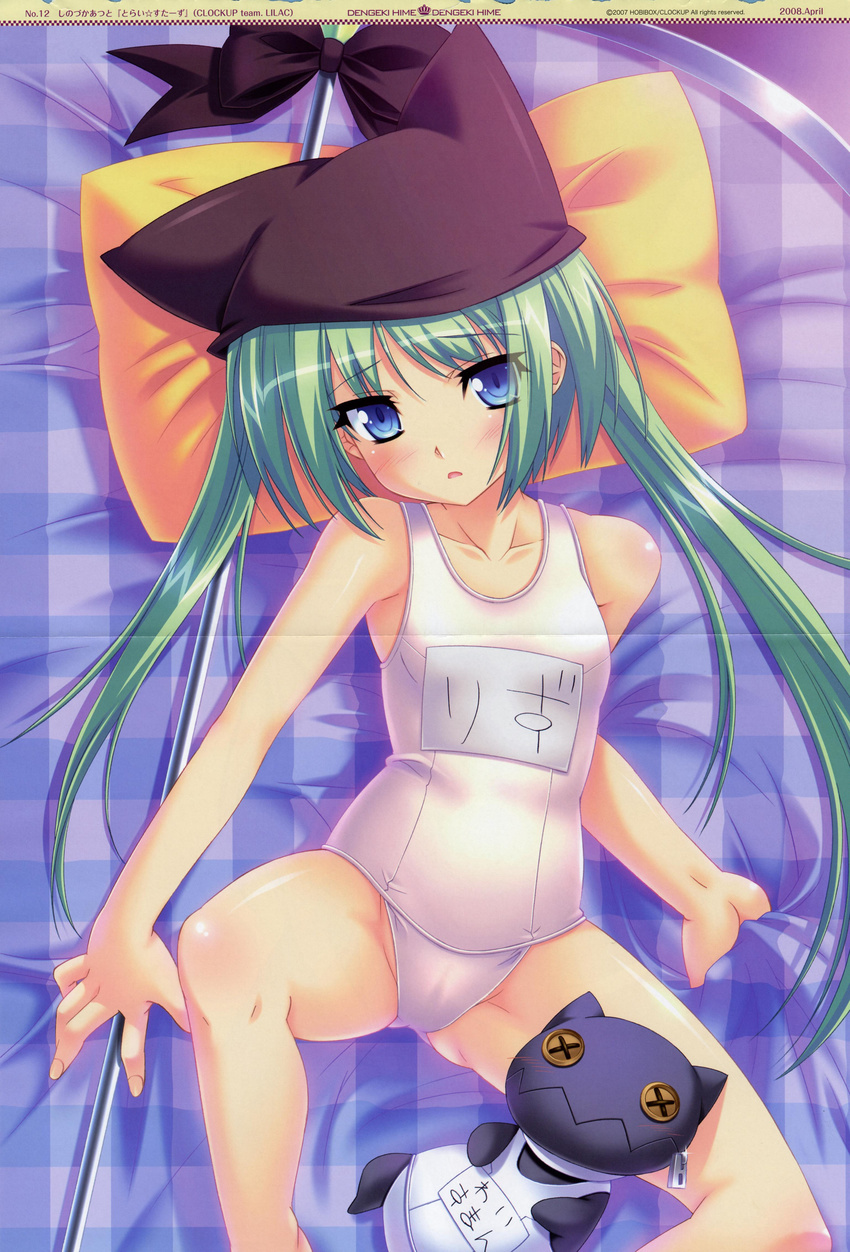 absurdres animal_hat bed blue_eyes blush bow cameltoe crease dengeki_hime embarrassed flat_chest from_above green_hair hat highres long_hair name_tag one-piece_swimsuit open_mouth pillow plaid rizel_the_killer_queen scan school_swimsuit shinozuka_atsuto solo spread_legs staff stuffed_animal stuffed_toy swimsuit tri-stars twintails very_long_hair white_school_swimsuit white_swimsuit x_x