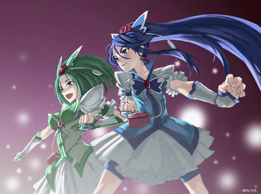 akimoto_komachi bike_shorts blue_eyes blue_hair blue_shorts blush butterfly_hair_ornament cure_aqua cure_mint dress earrings elbow_gloves flower frills gloves green_eyes green_hair hair_ornament honjou_raita jewelry long_hair magical_girl minazuki_karen multiple_girls ponytail precure red_flower red_rose rose shorts shorts_under_dress very_long_hair wide_ponytail yes!_precure_5