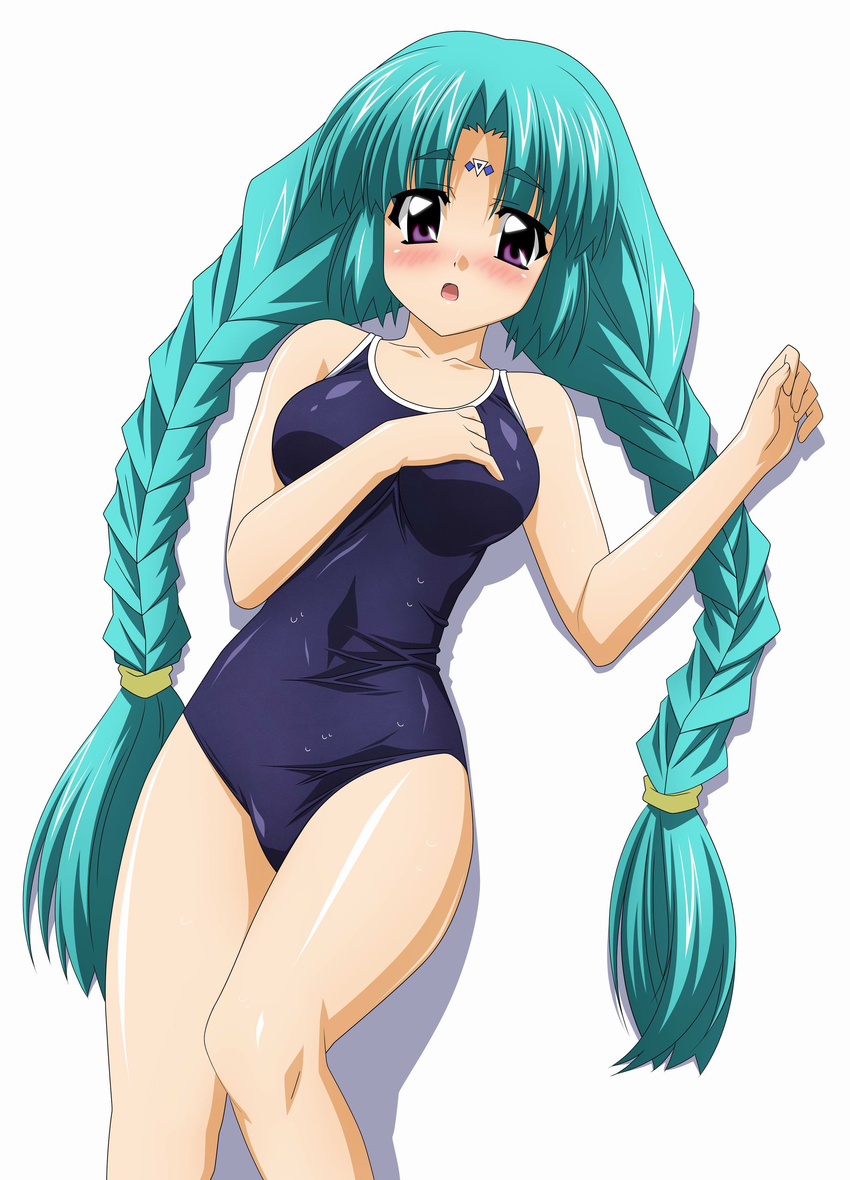 absurdres blush canal_vorfeed competition_school_swimsuit green_hair highres long_hair lost_universe lying one-piece_swimsuit school_swimsuit solo sugimura_tomokazu swimsuit