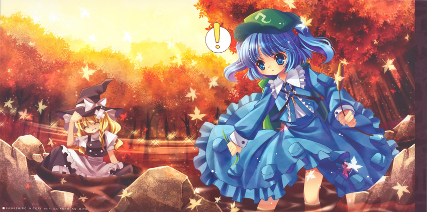 2girls absurdres autumn backpack bag blonde_hair blue_eyes blue_hair blue_skirt capura_lin frilled_shirt_collar frilled_skirt frills hair_bobbles hair_ornament hat highres kawashiro_nitori key kirisame_marisa leaf md5_mismatch multiple_girls short_hair skirt touhou twintails two_side_up white_collar