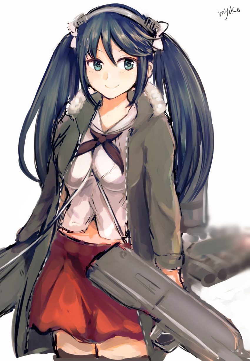 1girl blue_eyes blue_hair breasts commentary hair_between_eyes hair_ribbon hairband headband highres isuzu_(kantai_collection) kantai_collection large_breasts long_hair miyako_(00727aomiyako) pleated_skirt ribbon simple_background skirt smile twintails