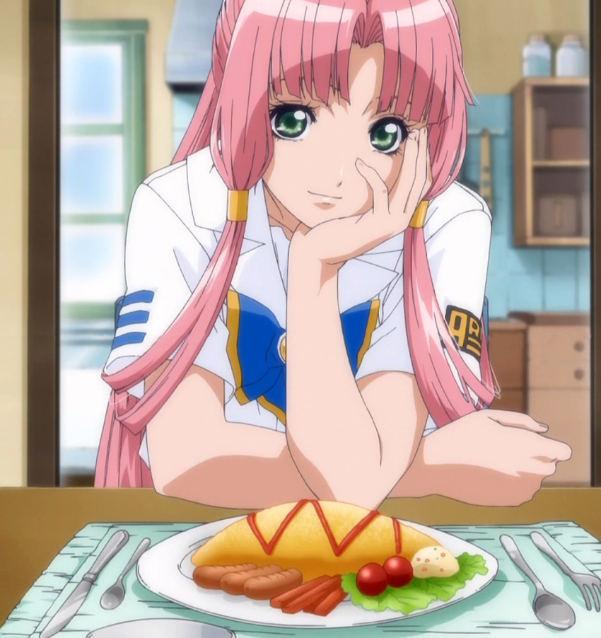 alternate_hair_length alternate_hairstyle aria bangs eyelashes green_eyes hair_tubes hand_on_own_cheek highres light_smile long_hair looking_at_viewer mizunashi_akari older omelet parted_bangs pink_hair pov_across_table screencap sidelocks solo stitched tareme third-party_edit