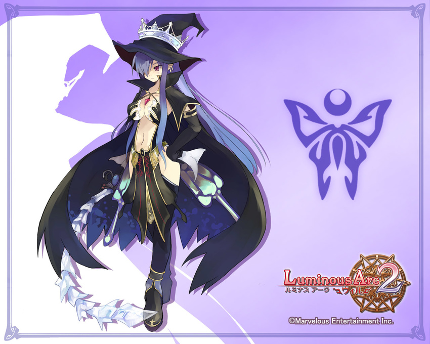 blue_hair boots breasts cleavage detached_sleeves earrings fatima_(luminous_arc) hair_over_one_eye hat jewelry long_hair luminous_arc luminous_arc_2 medium_breasts midriff navel pendant purple_eyes shibano_kaito solo thighhighs very_long_hair wallpaper witch witch_hat