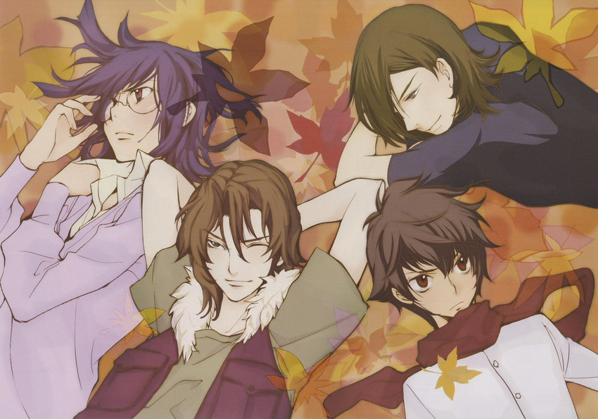 allelujah_haptism arms_up black_hair blush brown_hair closed_mouth from_above fur_trim gundam gundam_00 kouga_yun lockon_stratos long_hair looking_to_the_side lying multiple_boys official_art on_back on_stomach purple_eyes scan scarf setsuna_f_seiei shirt smile t-shirt tieria_erde upper_body vest