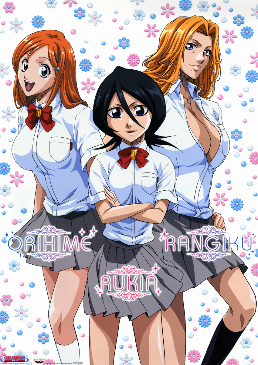 absurdres artist_request black_hair bleach blonde_hair blue_eyes breasts cleavage crossed_arms hair_ornament hairclip happy highres inoue_orihime kuchiki_rukia large_breasts long_hair matsumoto_rangiku miniskirt mole mole_under_mouth multiple_girls official_art open_mouth orange_hair ribbon school_uniform skirt socks