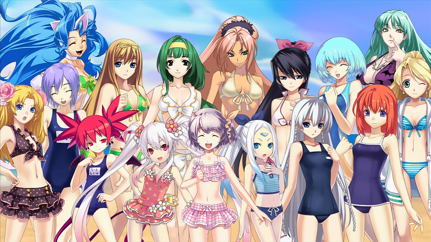 :d :o ^_^ age_difference aiba_mikoto anesha animal_ears animal_print aqua_hair ar_tonelico ar_tonelico_i armpits atelier_(series) atelier_marie aurica_nestmile bandeau bangs bat_print beach big_hair bikini bikini_skirt bikini_under_clothes black_bikini black_hair blonde_hair blue_eyes blue_hair blue_swimsuit bow braid breasts brown_hair cat_ears cleavage closed_eyes cloud competition_swimsuit contrapposto cowboy_shot cross_edge crossover dark_skin day demon_girl disgaea earrings eruma etna everyone felicia finger_to_mouth flat_chest flower forehead_jewel front-tie_bikini front-tie_top fur_trim gradient_hair green_bikini green_eyes green_hair hair_bow hair_flower hair_ornament hair_ribbon hairband half-closed_eyes hand_on_hip hand_on_own_chest high_ponytail hirano_katsuyuki iruma jewelry layered_skirt light_smile liliane_vehlendorf lilith_aensland long_hair looking_at_viewer mana_khemia_(series) mana_khemia_2 marie_(atelier) may_(cross_edge) meu_(spectral_souls) misha_arsellec_lune morrigan_aensland multicolored_hair multiple_crossover multiple_girls nakamura_tatsunori name_tag navel necklace official_art one-piece_swimsuit one_eye_closed open_clothes open_mouth orange_hair outdoors pale_skin parted_bangs pendant pink_eyes pink_hair plaid plaid_bikini polka_dot polka_dot_bikini polka_dot_swimsuit ponytail print_bikini print_swimsuit purple_bikini purple_eyes purple_hair red_eyes red_hair ribbon school_swimsuit short_hair short_twintails shurelia siblings side_braid sidelocks sisters skirt skull_earrings sky small_breasts smile spectral_(series) spectral_souls spiked_hair standing striped striped_bikini striped_swimsuit swept_bangs swimsuit swimsuit_under_clothes tankini tsunako twin_braids twintails v-shaped_eyebrows vampire_(game) very_long_hair wavy_hair white_bikini white_hair white_swimsuit wuim_(mana_khemia)