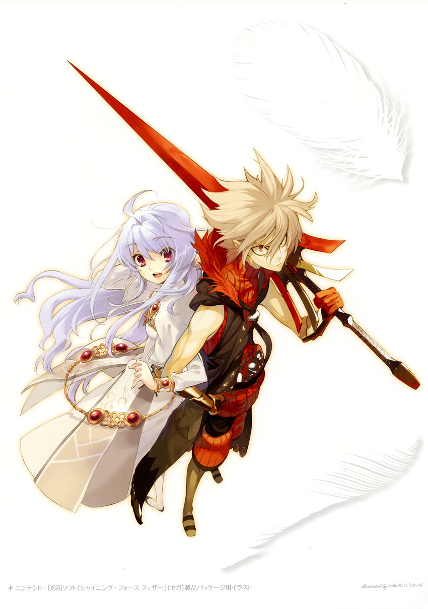 1girl :/ :d absurdres ahoge al-fin albino blonde_hair boots closed_mouth dress gloves highres holding holding_sword holding_weapon itou_noiji jin_(shining_force_feather) left-handed locked_arms long_hair looking_at_viewer messy_hair official_art open_mouth over_shoulder red_eyes red_gloves scan shining_(series) shining_force_feather shorts smile spiked_hair standing sword sword_over_shoulder weapon weapon_over_shoulder white_dress white_hair