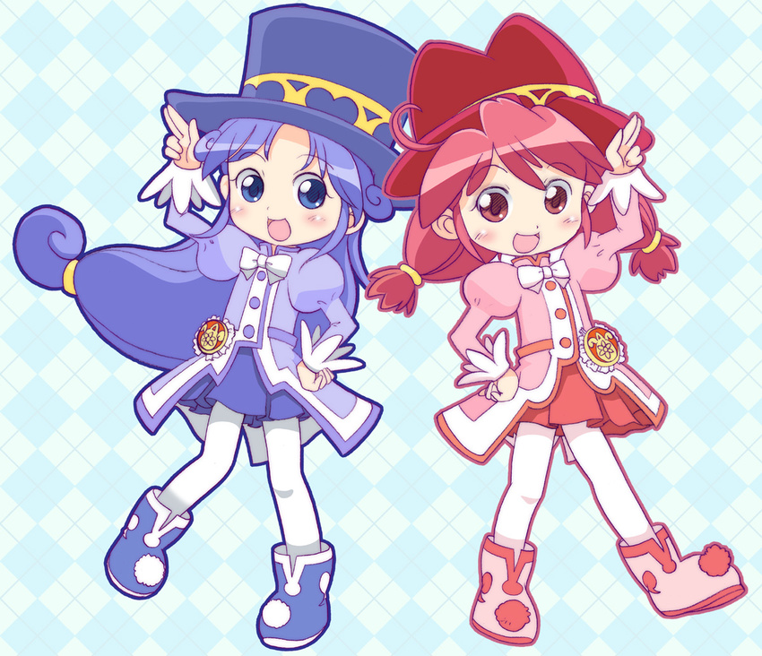 argyle argyle_background blue_eyes blue_hair blue_hat bow bowtie buttons commentary eyebrows_visible_through_hair fine fushigiboshi_no_futago_hime hat hatomugi_(mamotan) long_hair long_sleeves low-tied_long_hair multiple_girls open_mouth outline pantyhose pink_eyes red_hair red_hat red_skirt rein skirt smile