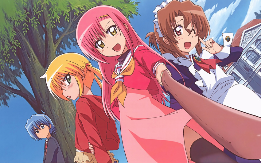 3girls :d ayasaki_hayate blonde_hair blue_eyes blue_hair blush bokken brown_eyes brown_hair butler cloud day detexted folded_ponytail foreshortening fujii_masahiro green_eyes hair_ornament hairclip hayate_no_gotoku! headdress highres katsura_hinagiku long_hair maid maria_(hayate_no_gotoku!) masamune_bokken multiple_girls non-web_source official_art one_eye_closed open_mouth pink_hair red_eyes sanzen'in_nagi school_uniform serafuku short_hair skindentation sky smile sword thighhighs third-party_edit tree twintails wallpaper weapon wooden_sword