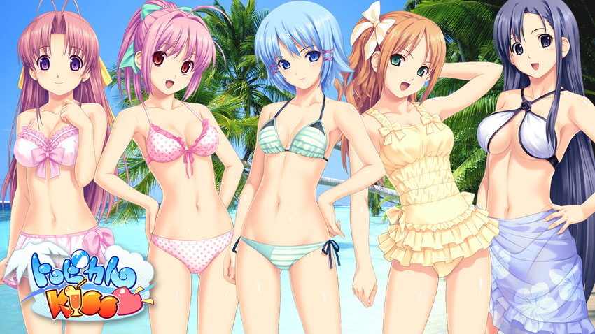 :d ahoge antenna_hair aoi_matsuri beach bikini blue_sarong bow breasts casual_one-piece_swimsuit cleavage day floral_print flower frills front-tie_top gathers hair_bow halter_top halterneck highres himuro_rikka hinata_hanabi koutaro long_hair medium_breasts minazuki_izumi multiple_girls navel one-piece_swimsuit open_mouth palm_tree polka_dot polka_dot_bikini polka_dot_swimsuit print_sarong saotome_nagi sarong see-through side-tie_bikini smile striped striped_bikini striped_swimsuit swimsuit tree tropical_kiss very_long_hair wallpaper