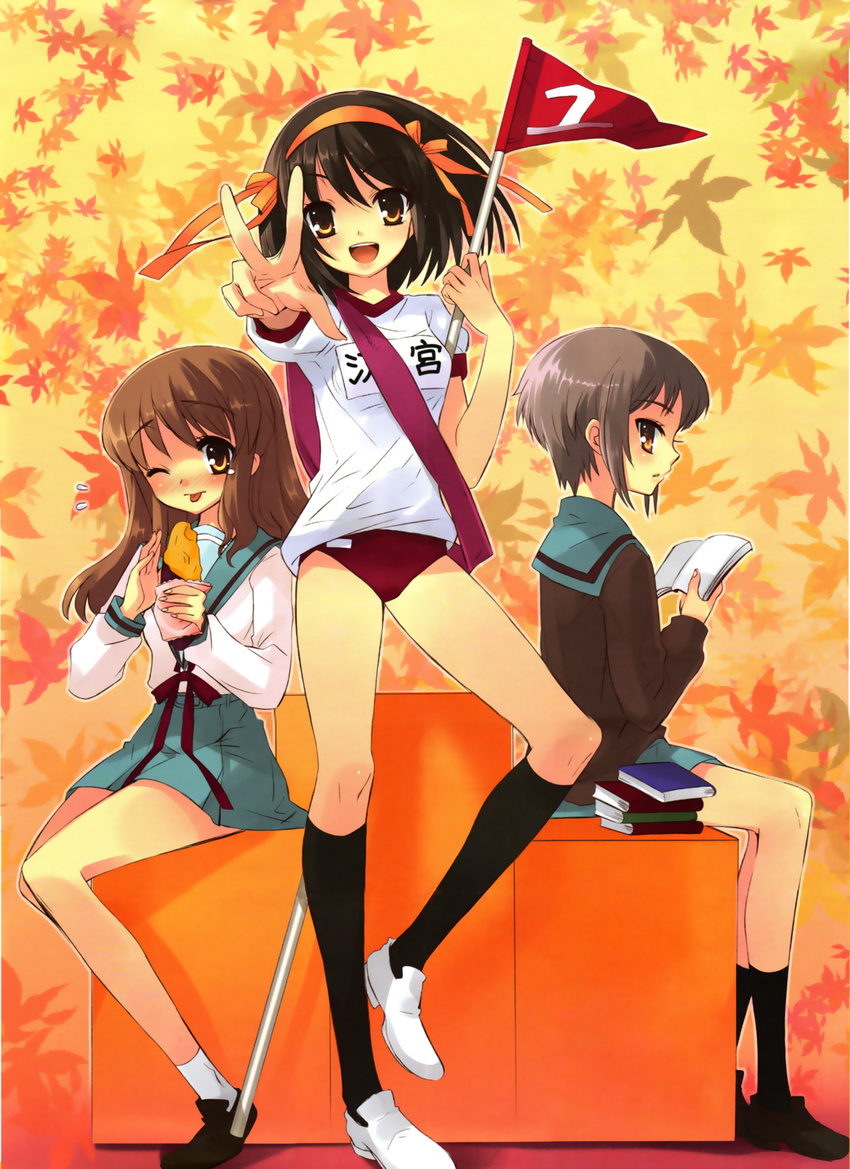 absurdres asahina_mikuru book brown_eyes brown_hair buruma grey_hair gym_uniform hair_ornament hair_ribbon hairband highres itou_noiji kita_high_school_uniform long_legs multiple_girls nagato_yuki orange_hairband ribbon school_uniform serafuku suzumiya_haruhi suzumiya_haruhi_no_yuuutsu yellow_eyes