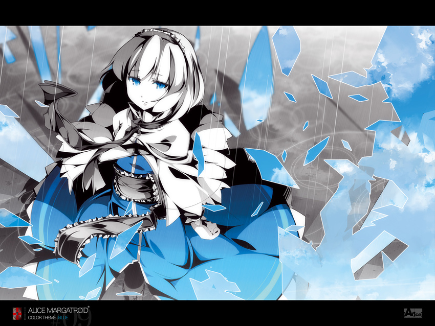 alice_margatroid asakura_masatoki blue blue_eyes broken_glass capelet character_name day dress from_above glass hairband highres looking_up obi partially_colored rain sad sash shatter short_hair sky solo standing touhou