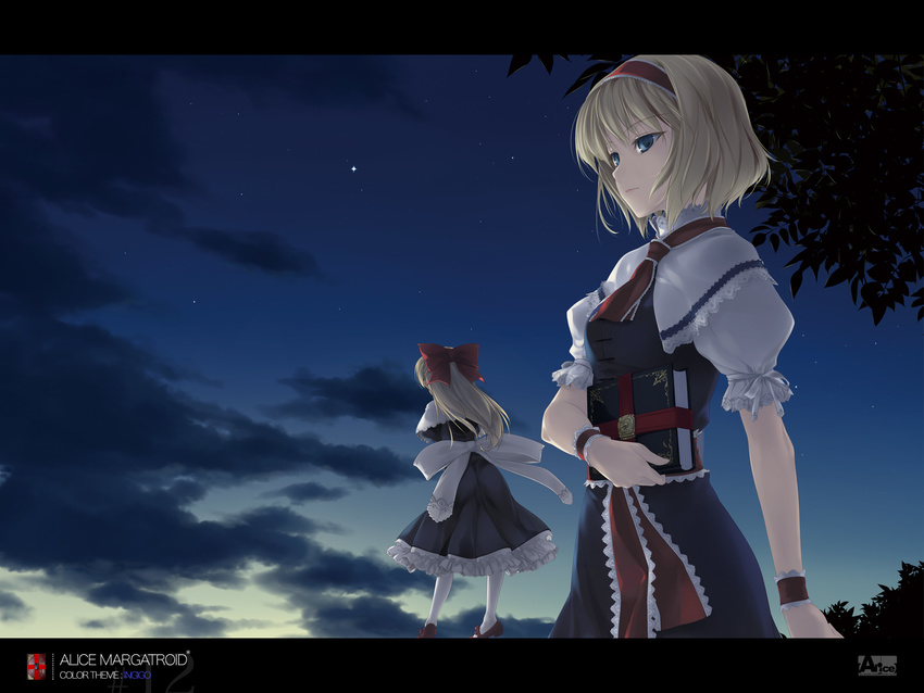 alice_margatroid blonde_hair blue_eyes breasts character_name cloud doll engrish highres ranguage rokuwata_tomoe sky small_breasts solo touhou